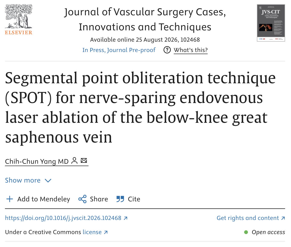 原始期刊頁面:Segmental point obliteration technique (SPOT) for nerve-sparing endovenous laser ablation of the below-knee great saphenous vein