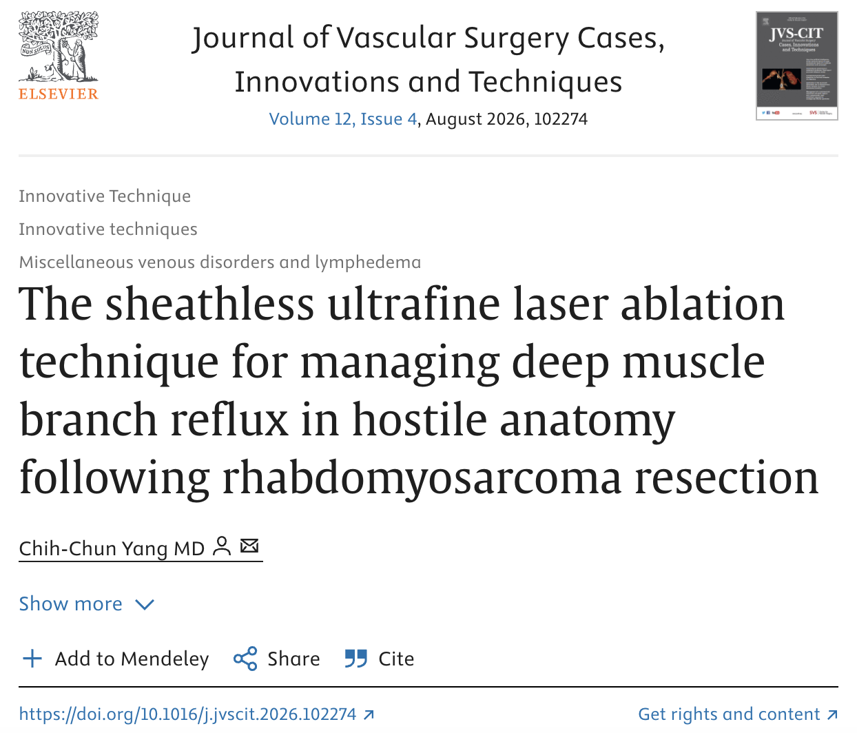 原始期刊頁面:The sheathless ultrafine laser ablation technique for managing deep muscle branch reflux in hostile anatomy following rhabdomyosarcoma resection